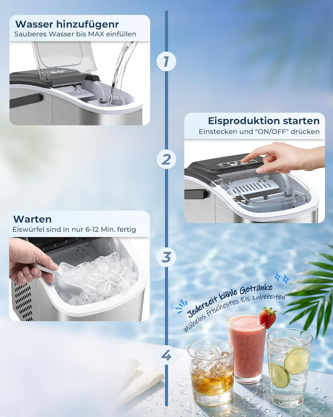 Eiswürfel Maschine, Tisch-Eismaschine mit Selbstreinigung, 12kg/24h Eiswürfelproduktion, 8 Würfel in