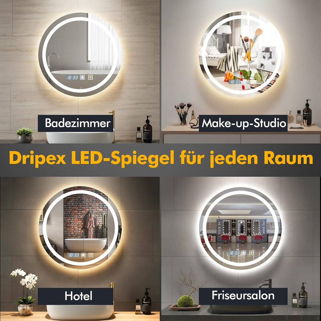 Badspiegel mit Beleuchtung 60x60cm,Runder Spiegel mit Licht,Badezimmerspiegel mit Beleuchtung und En