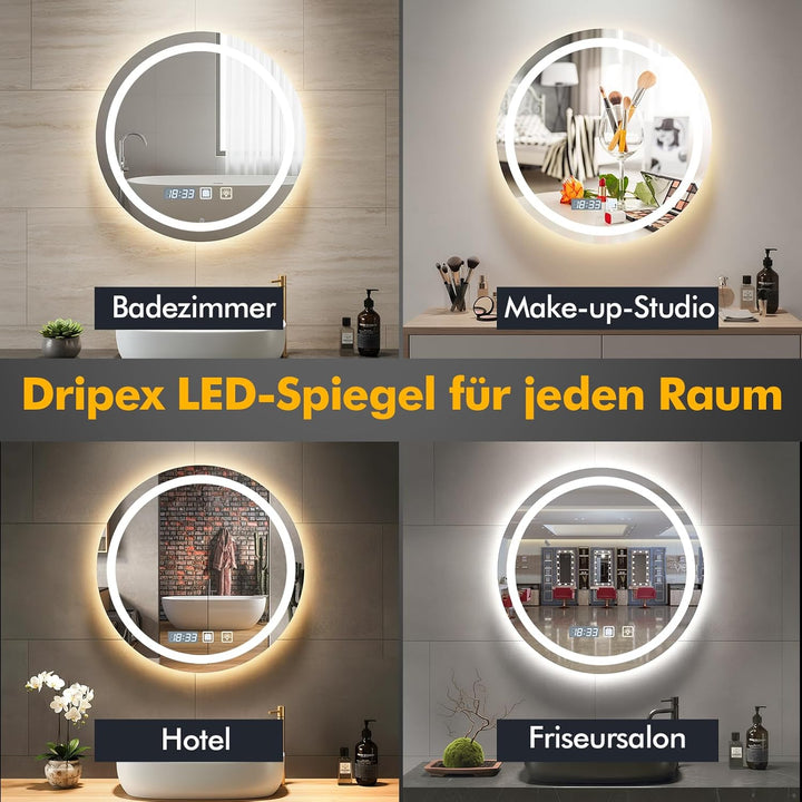 Badspiegel mit Beleuchtung 60x60cm,Runder Spiegel mit Licht,Badezimmerspiegel mit Beleuchtung und En
