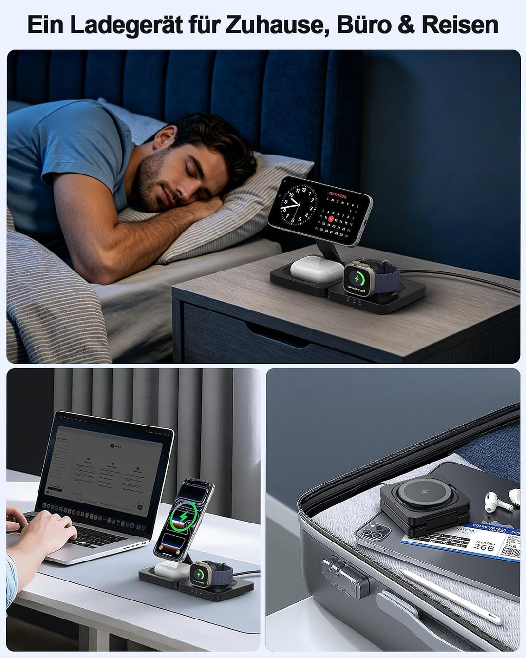 3 in 1 Mag Safe Ladestation für iPhone 17/16/15/14/13/12, ADADPU Faltbare Ladestation Apple Watch un
