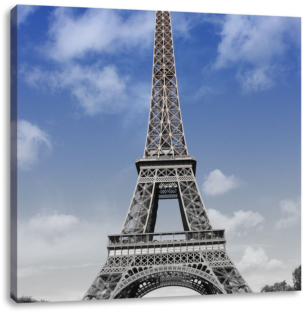 Pixxprint Eifelturm mit blauem Himmel Paris schwarz/weiss, Format: 70x70 auf Leinwand, 70x70