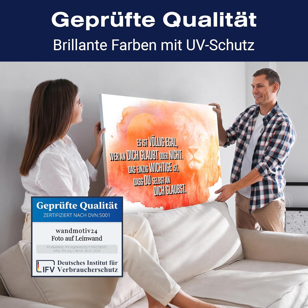 wandmotiv24 Motivations Motiv als Leinwandbild, 40x30cm, Querformat, Glaub an Dich selbst, Löwe, Son