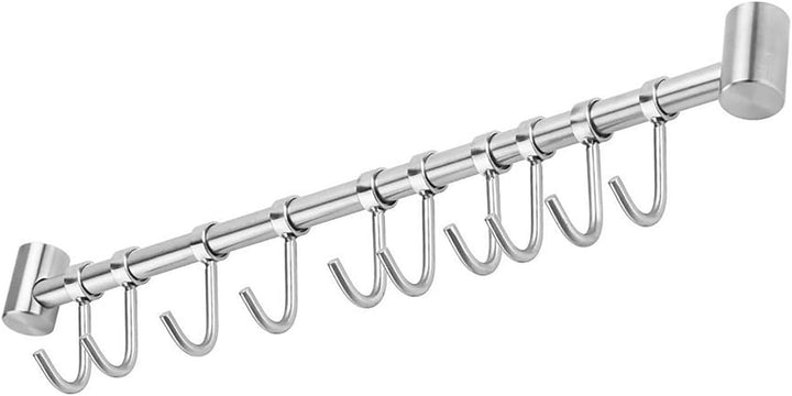 INTIRILIFE Hängeleiste für die Küche aus Edelstahl mit 10 beweglichen Haken zum Bohren - 52.6 x 3.4