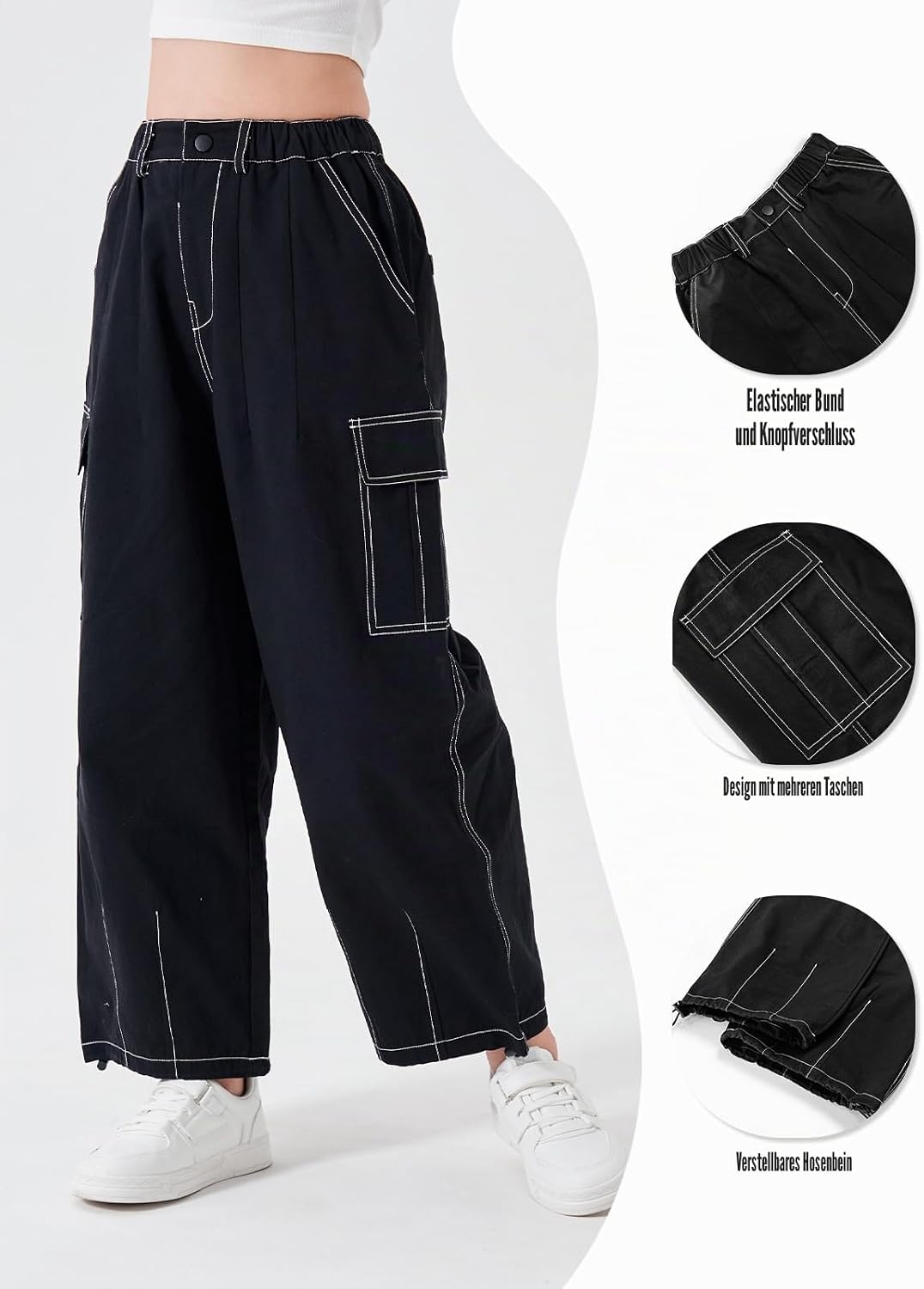 Rolanko Mädchen Cargohose, Baumwoll Baggy Hose mit Elastischer Taille und Mehreren Taschen für Kinde
