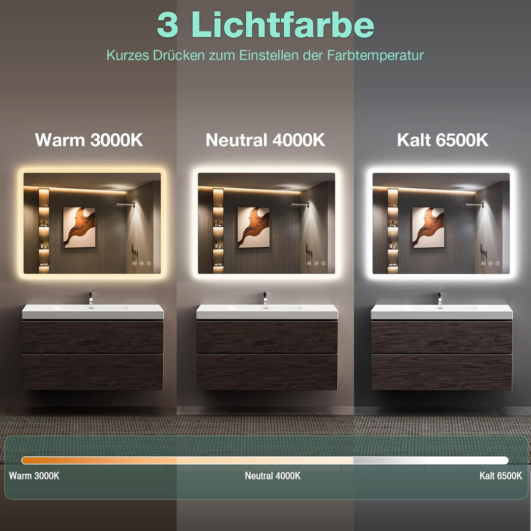 Badezimmerspiegel Led Badspiegel 80x60 cm, Rechteckig, Touch-Schalter, Dimmbar, 3 Lichtfarbe Einstel