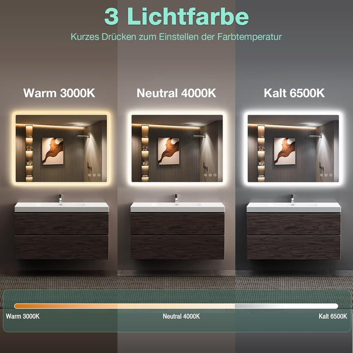 Badezimmerspiegel Led Badspiegel 80x60 cm, Rechteckig, Touch-Schalter, Dimmbar, 3 Lichtfarbe Einstel