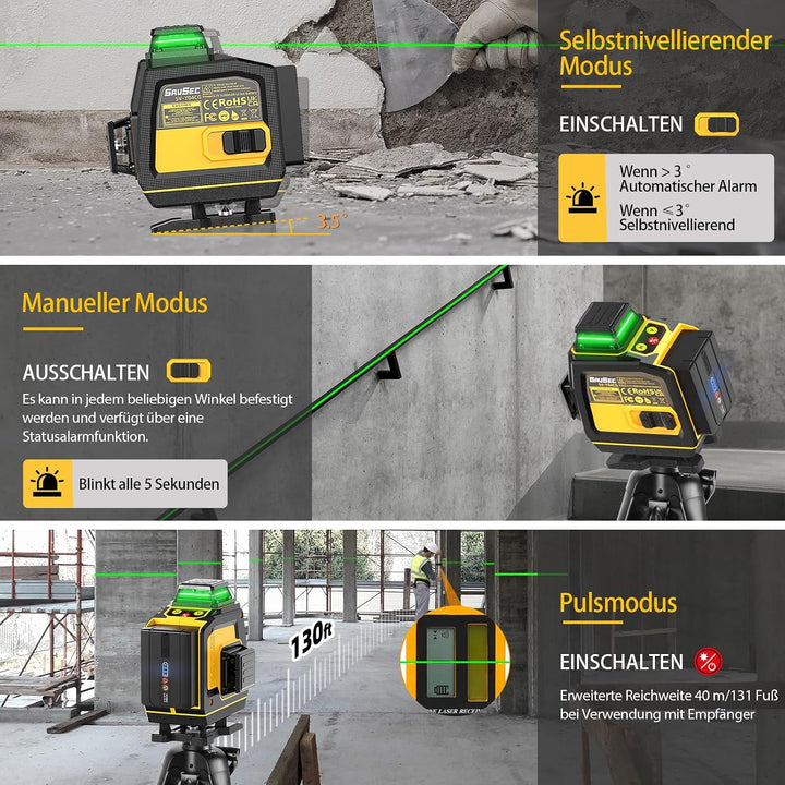 Laser Wasserwaage, SAVSEC 4x 360 Grad Selbstnivellierend Kreuzlinienlaser bis zu 37 Stunden, Fernbed