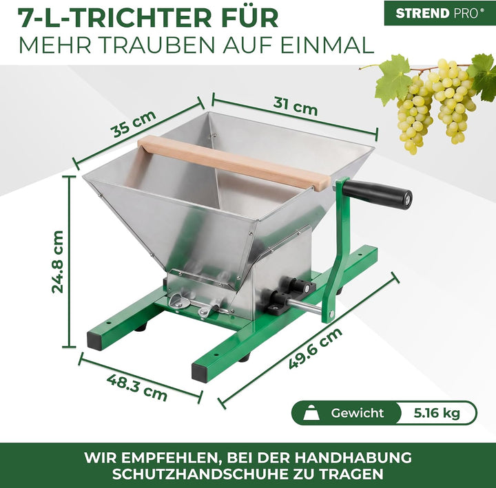 STREND PRO Traubenmühle 7 L Edelstahl ohne Ständer | Maischemühle Beerenmühle mit Handkurbel | Traub
