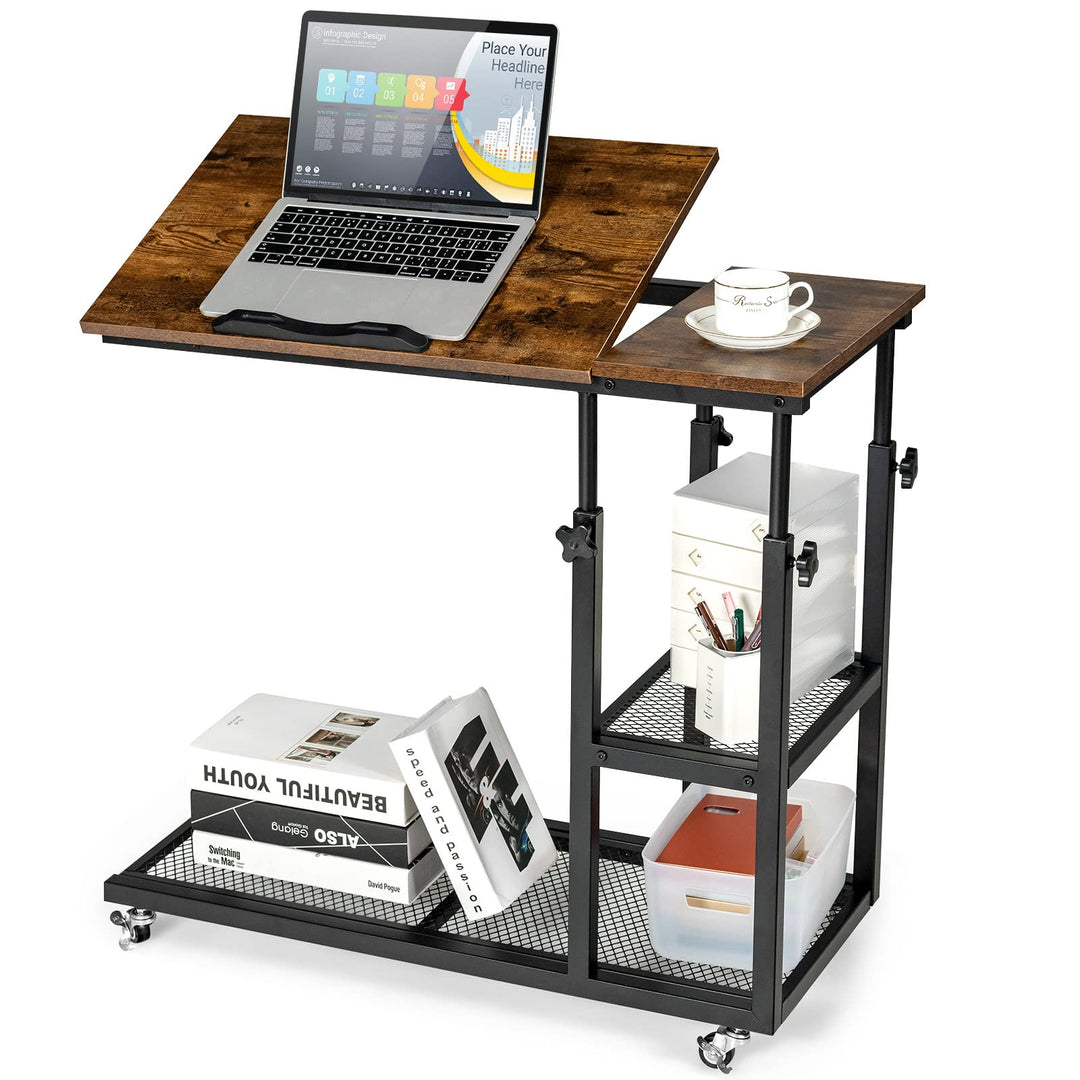 COSTWAY Laptoptisch mit höhen- und neigungsverstellbar, 3 Ebenen Beistelltisch Vintage, C-förmiger S