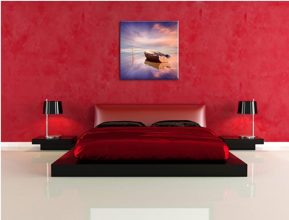 Einsames Boot auf See, Format: 70x70 auf Leinwand, XXL riesige Bilder fertig gerahmt mit Keilrahmen,