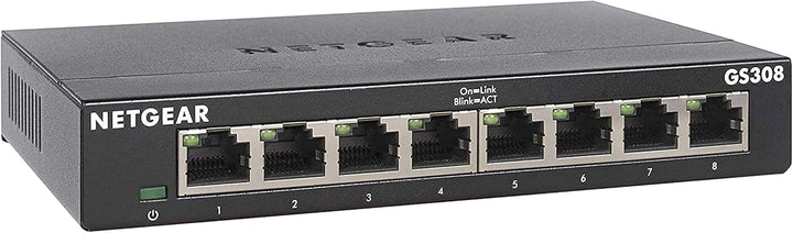 NETGEAR GS308 LAN Switch 8 Port Netzwerk Switch (Plug-and-Play Gigabit Switch LAN Splitter, LAN Vert