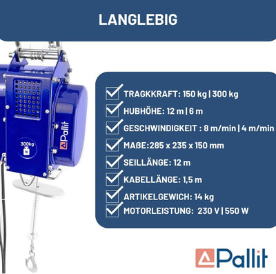 Pallit elektrische Seilwinde MOBILE | 150/300 kg | 12 m Stahlseil | inkl Kabelfernbedieung mit 1,5 m