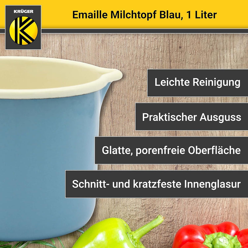 Krüger Emaille-Milchtopf Blau 12cm, 1 Liter - Topf mit Vollkontaktboden für energiesparendes Kochen