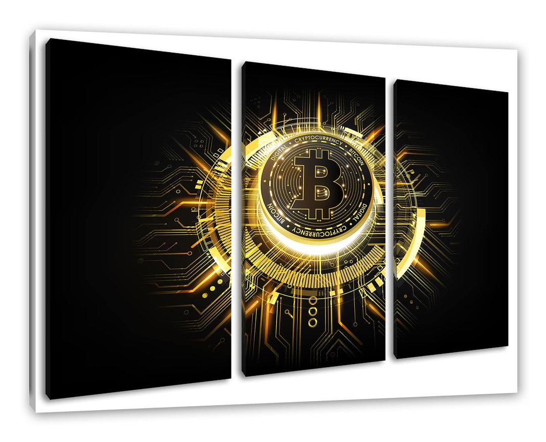 strahlender Bitcoin BTCals Leinwandbild 3 teilig | Grösse: 120x80 cm | Wandbild | Kunstdruck | ferti
