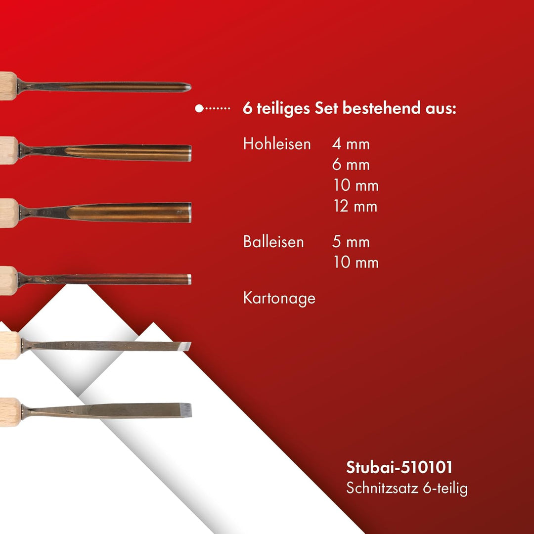 STUBAI Schnitzersatzset Kerbschnitzmesser Set Serie 52, 6-teilig - Balleisen 5 mm & 10 mm + Hohleise