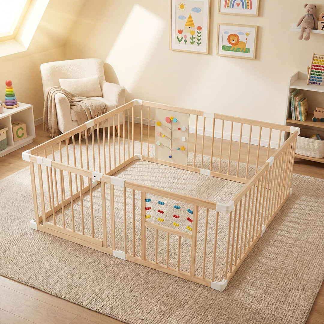COSTWAY Baby Laufstall aus Kiefernholz, 160 x 160 cm, Laufgitter faltbar inkl. 8 Paneele, Krabbelgit