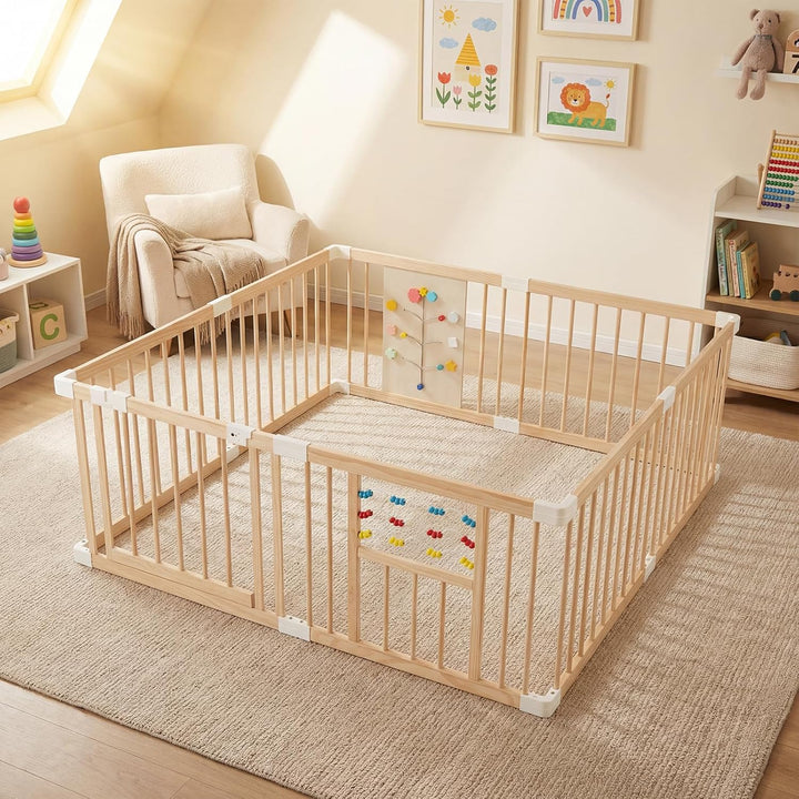 COSTWAY Baby Laufstall aus Kiefernholz, 160 x 160 cm, Laufgitter faltbar inkl. 8 Paneele, Krabbelgit
