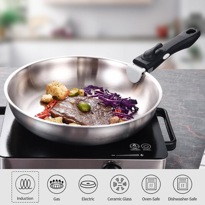 Inqibee Pfannenset mit Abnehmbarem Griff, Edelstahl Topfset für Induktion mit Deckel, 16+22+28cm Koc