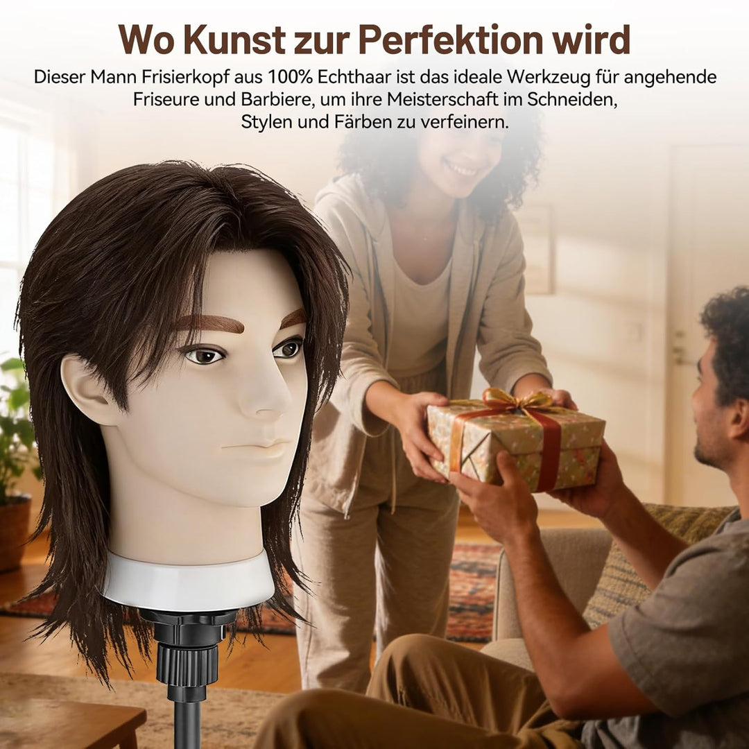 TwoWin 33 cm (13 Zoll) Frisierkopf Echthaar, Mann Friseurkopf Übungskopf 100% echthaar, Trainingskop