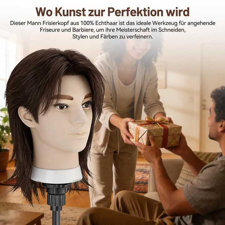 TwoWin 33 cm (13 Zoll) Frisierkopf Echthaar, Mann Friseurkopf Übungskopf 100% echthaar, Trainingskop