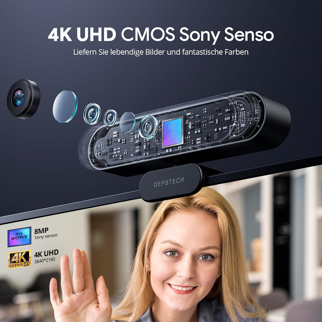 DEPSTECH DW49 Pro Webcam 4K, Ultra HD 1/2,55'' Sony-Sensor, 3-facher Zoom, Webcam mit Zwei Mikrofon,