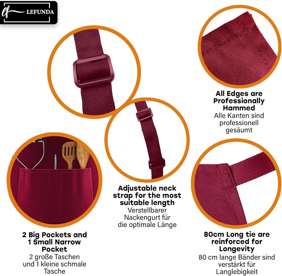 LEFUNDA® Kochschürze Wasserdicht Schürze mit 3 Taschen Verstellbare Grillschürze mit langen Bändern