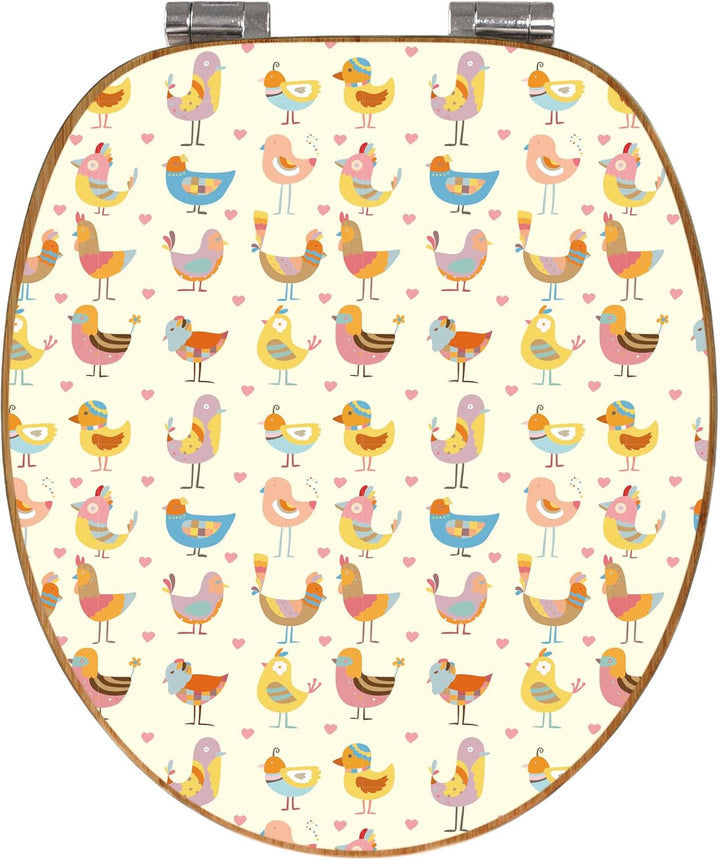 banjado® Design WC Sitz Bambus Absenkautomatik mit Motiv Lustige Vögel/Toilettendeckel mit Absenkaut