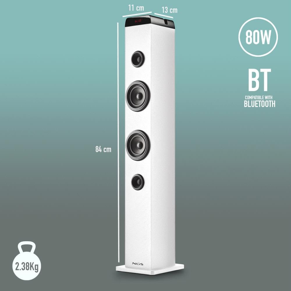 NGS Sky Charm Pro White - Soundturm, 50 W, mit Bluetooth 5.4, Optisch, USB, AUX-IN, FM-Radio, Broadc