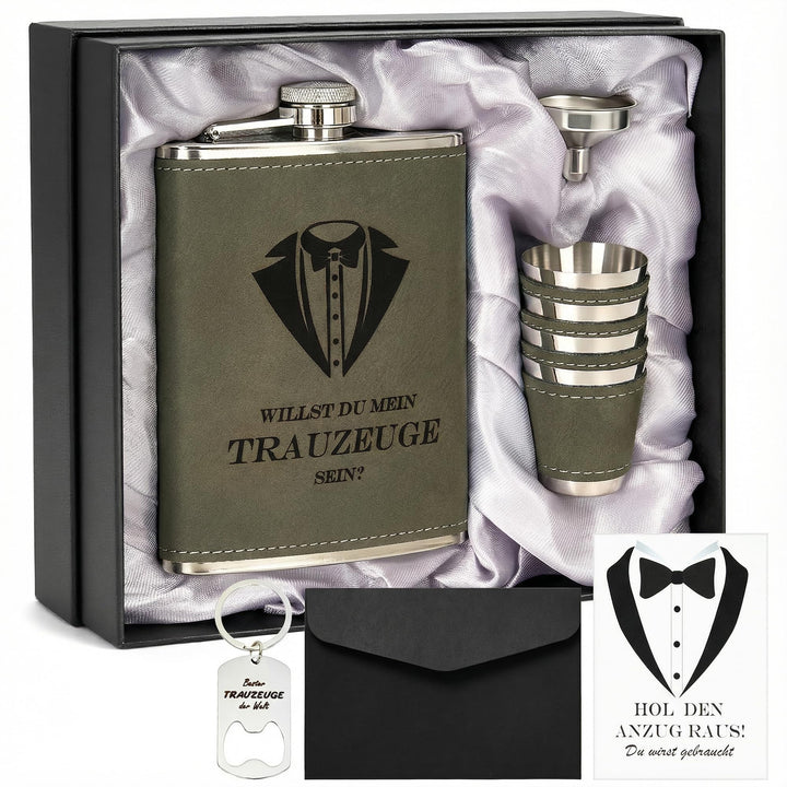 Personalisiertes Flachmann Geschenkset 8oz mit Gravur – Edelstahl Flachmann, 4 Becher, Trichter & Ge