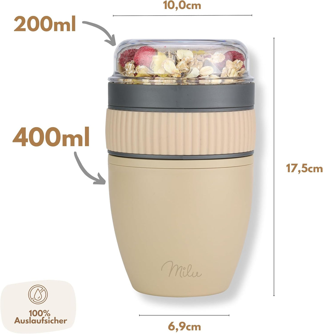 Milu Müslibecher to go 400ml MüsliMax Plastik Joghurtbecher für Müsli I auslaufsicherer Becher mit L