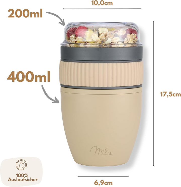 Milu Müslibecher to go 400ml MüsliMax Plastik Joghurtbecher für Müsli I auslaufsicherer Becher mit L
