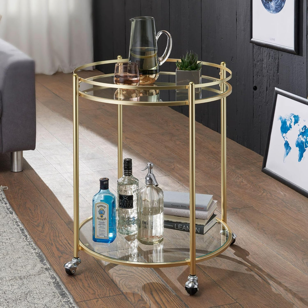 Wohnling Design Servierwagen Gold Ø 57 cm Beistelltisch, Teewagen Metall mit Rollen, Küchenwagen mit
