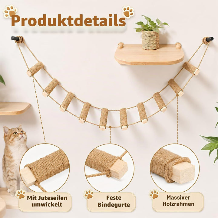 108cm Katzenleiter Wandmontiert, 3-in-1 Sisal Kletterbrücke &amp; Hängematte aus Massivholz, Faltbare Ju