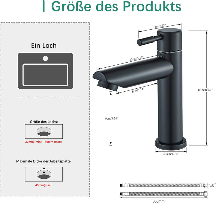 Suguword Schwarz Badarmatur Kaltwasser • Moderne Einhand-Armatur für Waschbecken mit 90mm Auslauf •