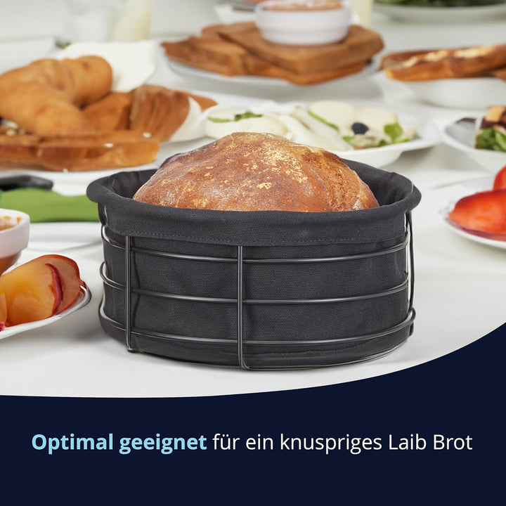 KHG Brotkorb aus Metall mit Stoffeinsatz in schwarz, rund 23,5 cm, Brötchenkorb aus Edelstahl, Stoff