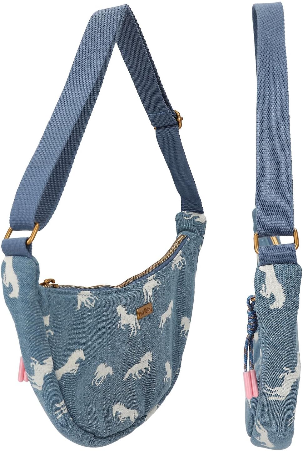 Depesche 12873 Miss Melody Denim - Kleine Halbmond Umhängetasche aus Jeans, mit Pferde Muster, Dunke