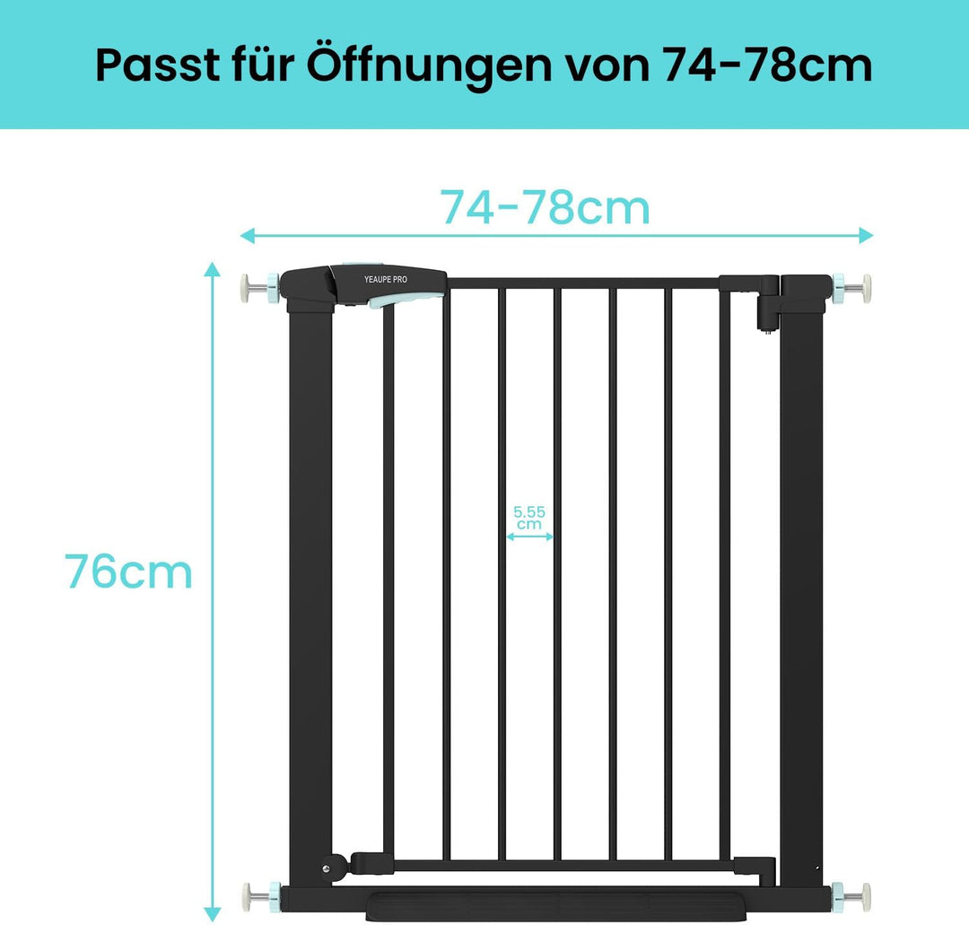YEAUPE PRO Kindergitter Ohne Bohren, für Breiten 74-78 cm | Türschutzgitter mit Wandschutz Pads | Tr