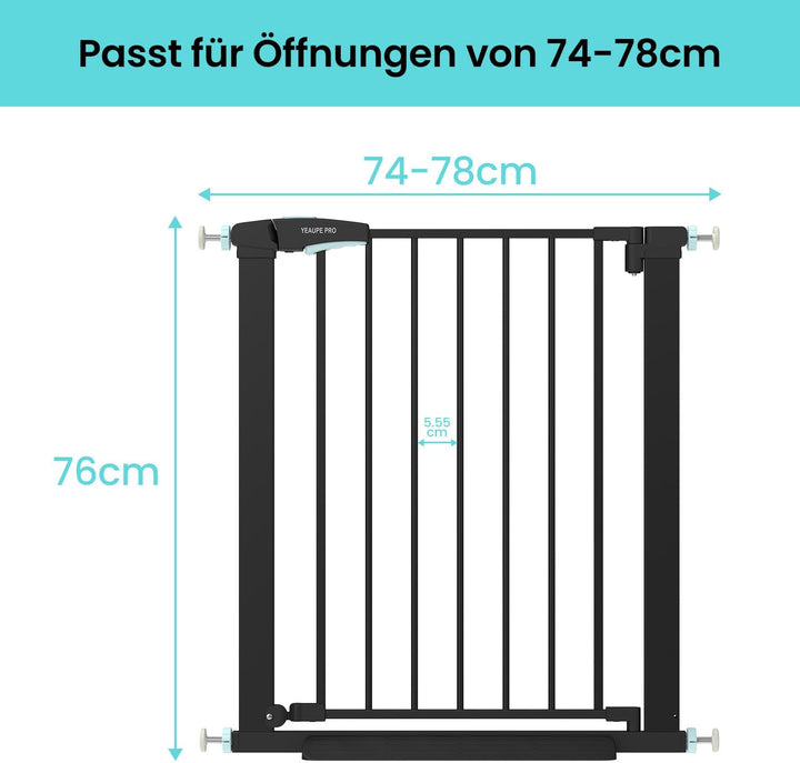 YEAUPE PRO Kindergitter Ohne Bohren, für Breiten 74-78 cm | Türschutzgitter mit Wandschutz Pads | Tr