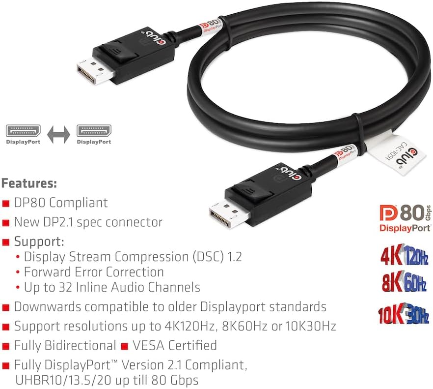 Club3D CAC-1091 DisplayPort™ 2.1 Bi-Direktionales VESA DP80 zertifiziertes Kabel 4K120Hz, 8K60Hz ode