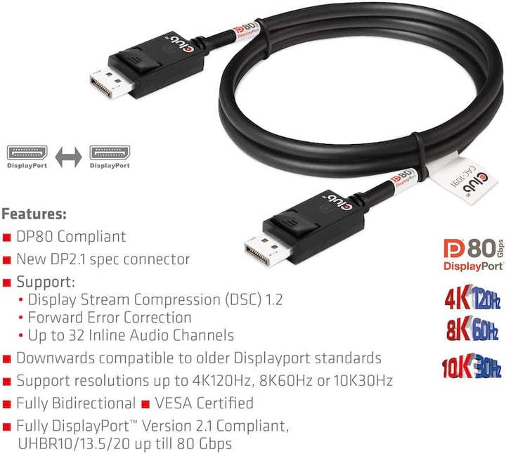 Club3D CAC-1091 DisplayPort™ 2.1 Bi-Direktionales VESA DP80 zertifiziertes Kabel 4K120Hz, 8K60Hz ode