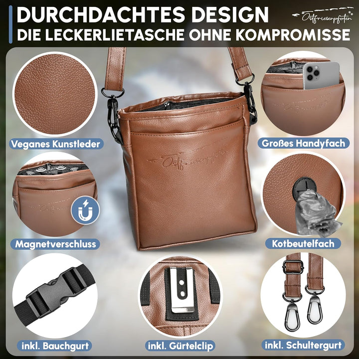 Ostfriesenpfoten® Leckerlibeutel 'Frieda' für Hunde aus hochwertigem Kunstleder - Dunkelbraun Grösse