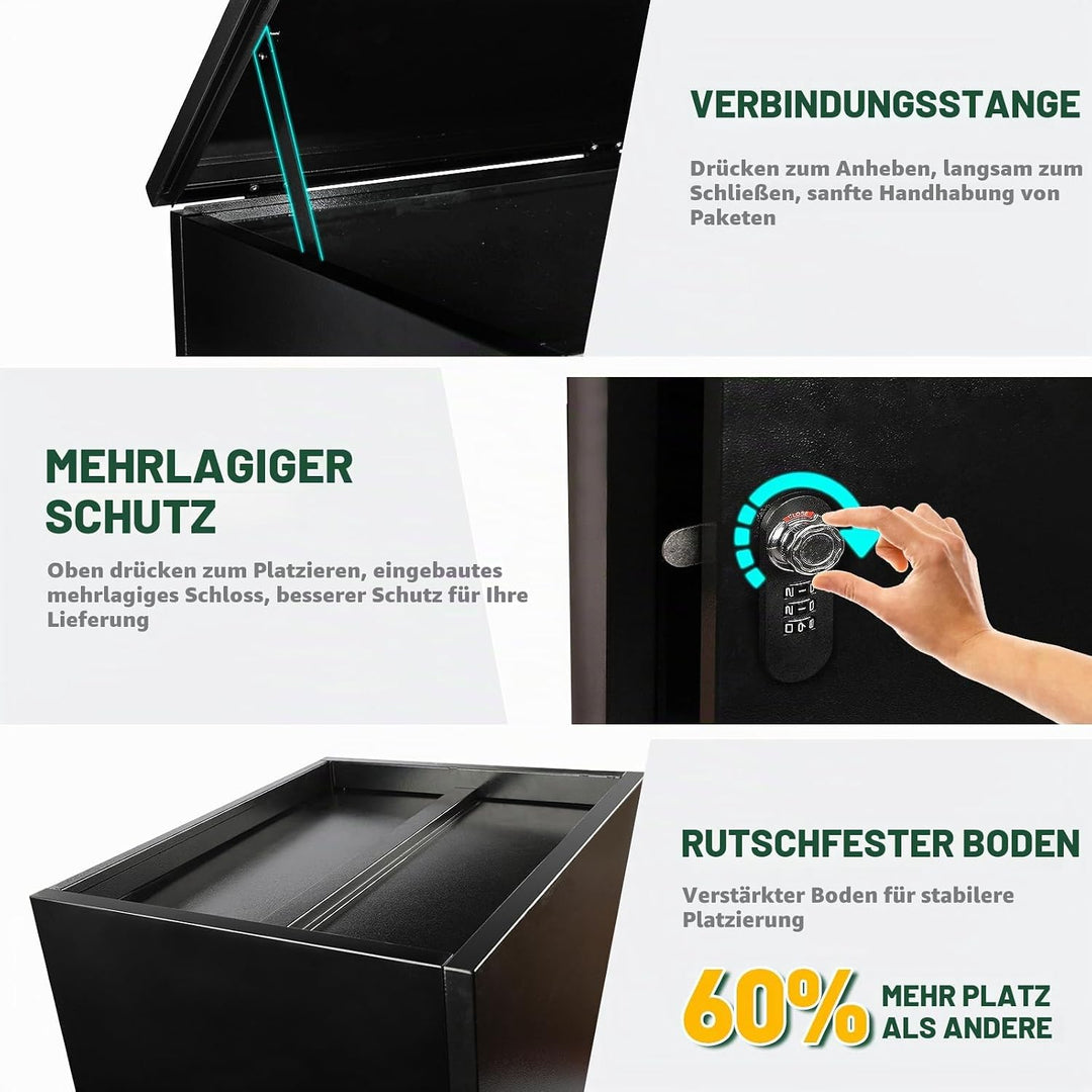 Paketkasten für den Aussenbereich - Abschliessbarer schwarzer Paketkasten aus Metall, diebstahlsiche