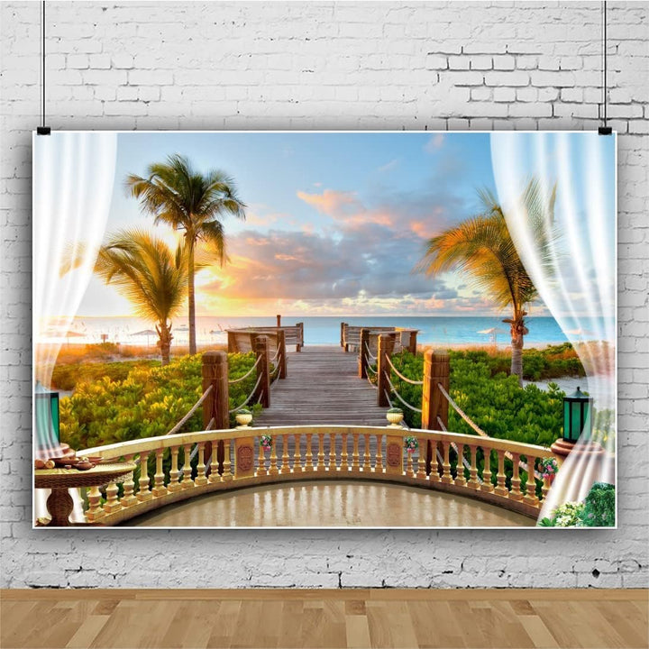 Renaiss 3x2m Hawaiian Küste Sonnenuntergang Hintergrund Sommer Strand Palmen Hintergrund Balkon Holz