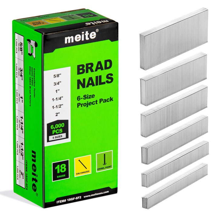 meite Stauchkopfnägel 18GA, 6.000 Stück Sortiment in 6 Grössen (16mm, 19mm, 25mm, 32mm, 38mm, 50mm),