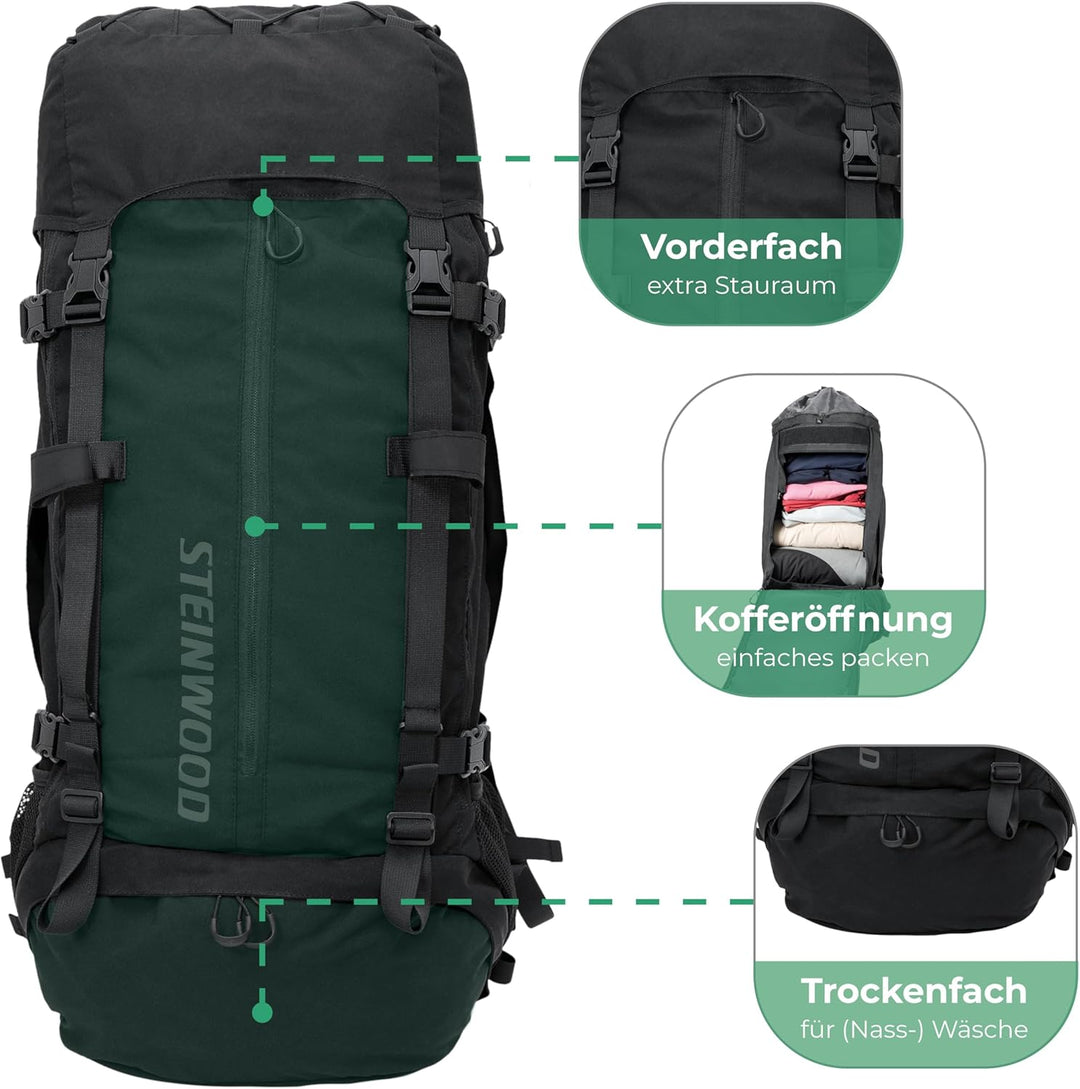 Steinwood Trekkingrucksack 70L (neu 2024), Wanderrucksack, Backpacker-Rucksack, Reiserucksack, wasse