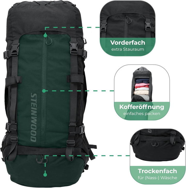 Steinwood Trekkingrucksack 70L (neu 2024), Wanderrucksack, Backpacker-Rucksack, Reiserucksack, wasse