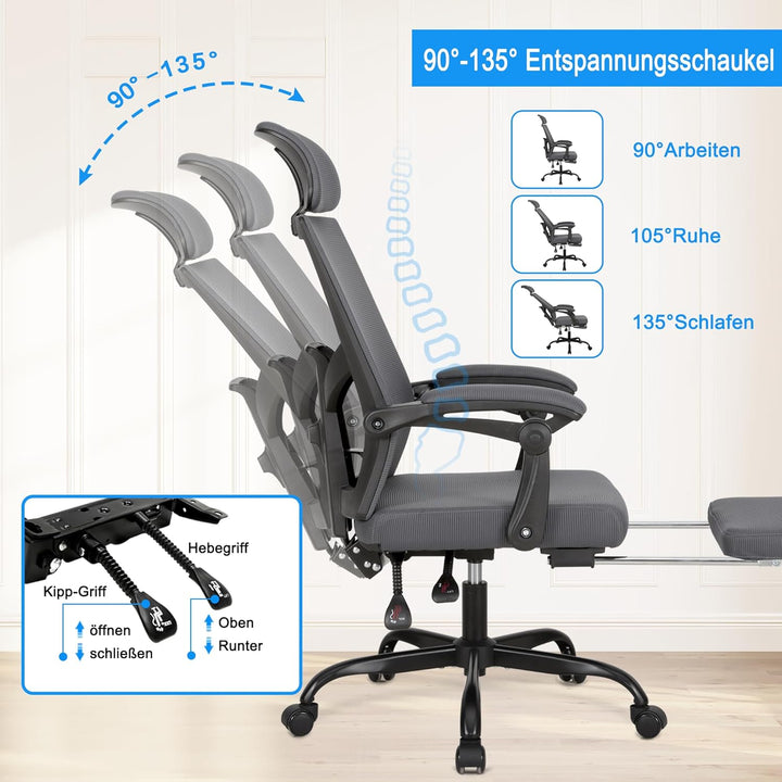 UEV Bürostuhl Ergonomisch, Drehstuhl, Schreibtischstuhl mit Verstellbarer Kopfstütze Lendenwirbelstü