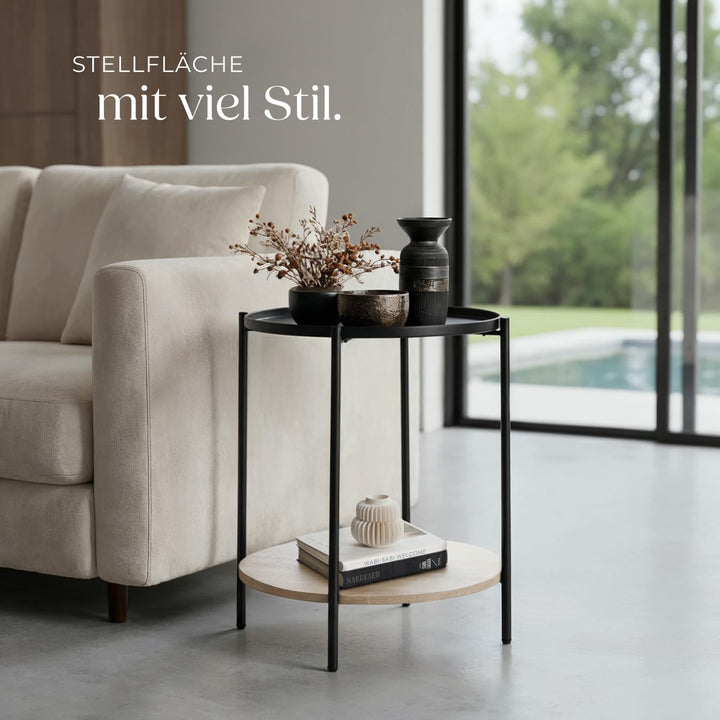 tectake® Beistelltisch rund, Nachttisch Metall und Holz, Couchtisch rund mit Stauraum auf 2 Ebenen,