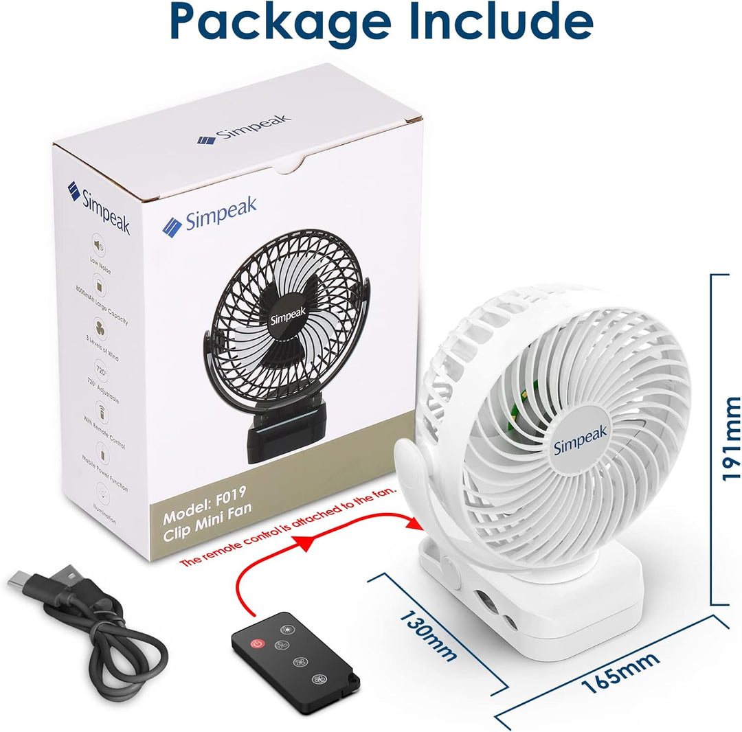 Simpeak 8000mAh Camping Ventilator Tischventilator, Mini USB Ventilator leise, Clip Fan mit Fernbedi