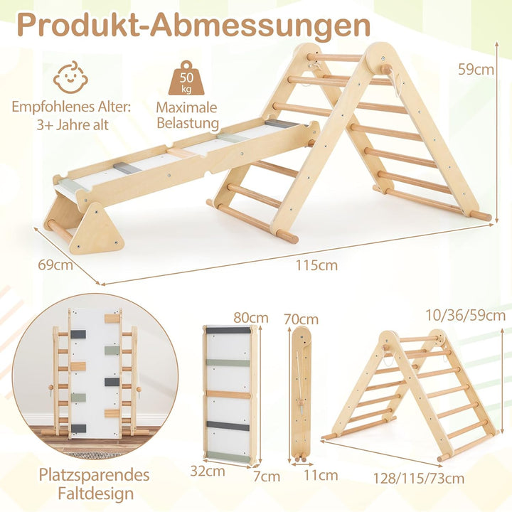 COSTWAY Klettergerüst Indoor, 3 in 1 Kletterdreieck & Kletterleiter & Wippe, Kletterdreieck klappbar